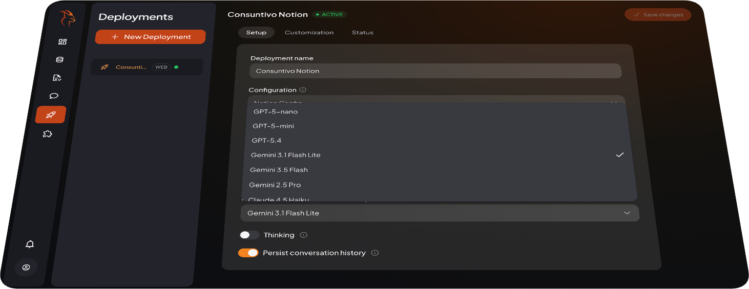 Karacal — pagina Deployments: agente attivo sul canale web con configurazione e modello dedicati